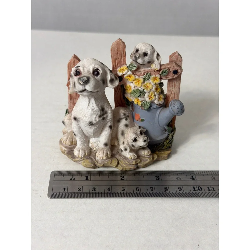 Vintage Dalmatian Puppies Garden Fence Watering Can Resin Figurine Decor
